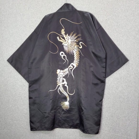VINTAGE Japanese Dragons Men Kimono One Size Black Open Front Made In‎ Japan - Picture 7 of 10